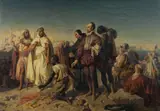 Emil Lauffer, Cervantes Captured by Barbary Pirates, 1861, Old label verso with ink inscription referencing French soldier Saint-Arnaud (1798-1854) governor of Algiers