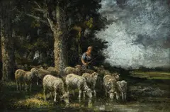 Paul Chaigneau, Shepherdess with Flock, Oil on Canvas