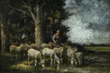Paul Chaigneau, Shepherdess with Flock, Oil on Canvas