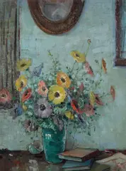 Jack Pieters, Still Life with Flowers and Books, Oil on Canvas on Board