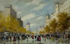 Antal Berkes, Budapest Street Scene, Oil on Canvas on Board