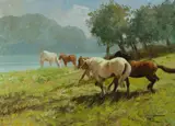 Riccardo Tosti, Horses by a Lake, Oil on Canvas
