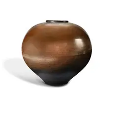 Jane Barrow, Stoneware Spherical Vase, Bronze glaze over Bizen type. Incised initials above foot