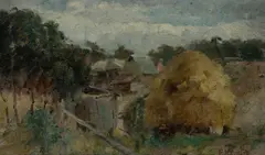 Florence Jane Hayward, Haystacks and Farm Buildings, Oil on Board