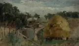 Florence Jane Hayward, Haystacks and Farm Buildings, Oil on Board