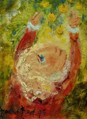 David Boyd, Reaching for the Apples, Accompanied by a photograph of the artist's granddaughter holding the painting