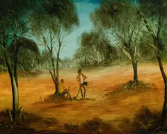 Resting Axeman by Pro Hart, Oil on Canvas Board, sold Nov 2023