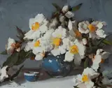 Alan Douglas Baker, White Peonies in Blue Vase, Oil on Board