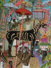 Greg Irvine, Ceremony with Parasols, Acrylic, Gouache & Mixed Media on Board