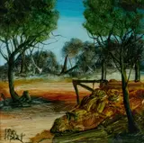 Bush Track and Gate by Pro Hart, Oil on Board, sold Nov 2023
