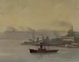 Alan Douglas Baker, Harbour Scene with Ships, Oil on Canvas on Board