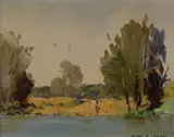 Alan Douglas Baker, Fishing on the River, Oil on Board