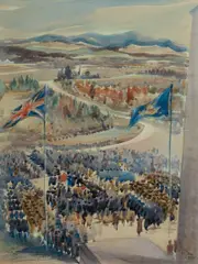 Robert Emerson Curtis, Sketch for 'V.E. Day Celebrations, Canberra,' 9/5/[19]45, W/Clr & Pastel