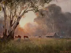 Stirring at Sunrise by Kevin Best, Oil on Board, sold Nov 2023