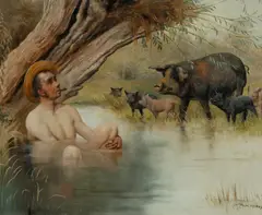 William Weekes, River Scene with Farmer, Sow and Piglets, Oil on Board