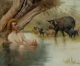 William Weekes, River Scene with Farmer, Sow and Piglets, Oil on Board