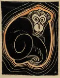 Ma Mahood, Simian Design, Hand Coloured Linocut