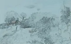 Lance Solomon, Landscape with Worker's Cottage, Pencil & Ink