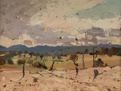 W Rubery Bennett, Nolan Like Landscape, 1960, Oil on Board
