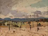 W Rubery Bennett, Nolan Like Landscape, 1960, Oil on Board
