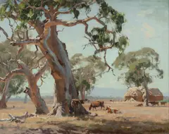 John Rowell, Gum Trees with Cattle and Haystacks, 1945, Oil on Canvas