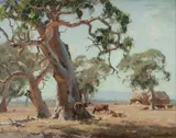 John Rowell, Gum Trees with Cattle and Haystacks, 1945, Oil on Canvas