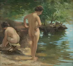 Ernest Buckmaster, Bathers, Oil on Canvas on Board