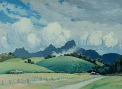 William Bustard, Queensland Landscape with Farmhouses and Mountain Range, Oil on Board
