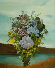 Bouquet of Hibiscus and Other Flowers in a River Landscape by William Fletcher, Oil on Board, sold Oct 2023