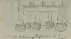 Merric Boyd, Station Cooks Kitchen Stove, 1945, Pencil