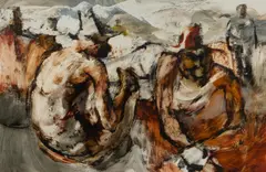 Jacqueline Hick, Miners Watching, Oil on Board