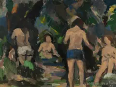 William Frater, Bathers in the Forest, 1973, Oil on Board
