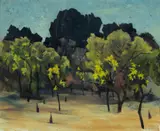 J Roy Eldershaw, Chillagoe Silhouette, Oil on Panel