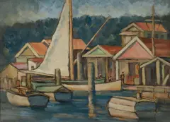Lionel Jago, Boats at Anchor, Oil on Board