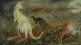 Joan Dent, Kangaroos, Mixed Media on Paper on Canvas