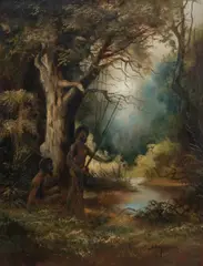 H. Hoffman, Aborigines Hunting by the Creek, Oil on Panel
