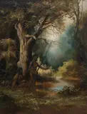 H. Hoffman, Aborigines Hunting by the Creek, Oil on Panel
