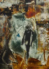 Gareth Jones Roberts, Man in a Landscape, Oil on Board
