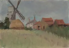 Norah Gurdon, Windmill and Farm Buildings, Oil on Canvas on Board