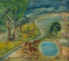 Harry Rosengrave, Horses at the Waterhole, Oil on Canvas on Board