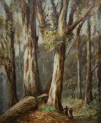 George Hyde Pownall, Figures Amongst the Gum Trees, Oil on Board
