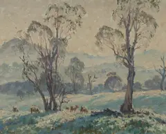 Landscape with Gums and Grazing Sheep by John Rowell, Oil on Board, sold Oct 2023