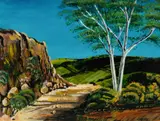 James V Wigley, Landscape with Gum, Oil on Board