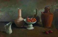 Margaret Olley, Tamarillos and Jugs, c.1980, Oil on Board