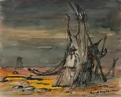 Desert Camp by Russell Drysdale, Ink & W/Clr, sold Aug 2023