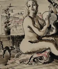Nude Playing a Guitar by Donald Friend, 1939, Ink & W/Clr, sold Aug 2023