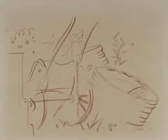 Frank Hinder, Farm Machinery and Water Tank (Lewers Farm, Emu Plains NSW), 1944, Conte