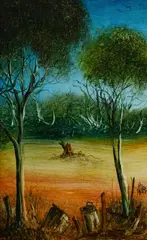 Landscape by Pro Hart, c.1984, Oil on Canvas Board, sold Aug 2023