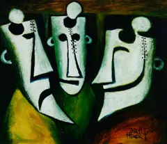 3 Miners by Pro Hart, Oil on Board, sold Aug 2023