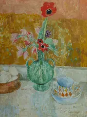 Elisabeth Cummings, Still Life with Poppies, Oil & Mixed Media on Hand-made Paper on Linen